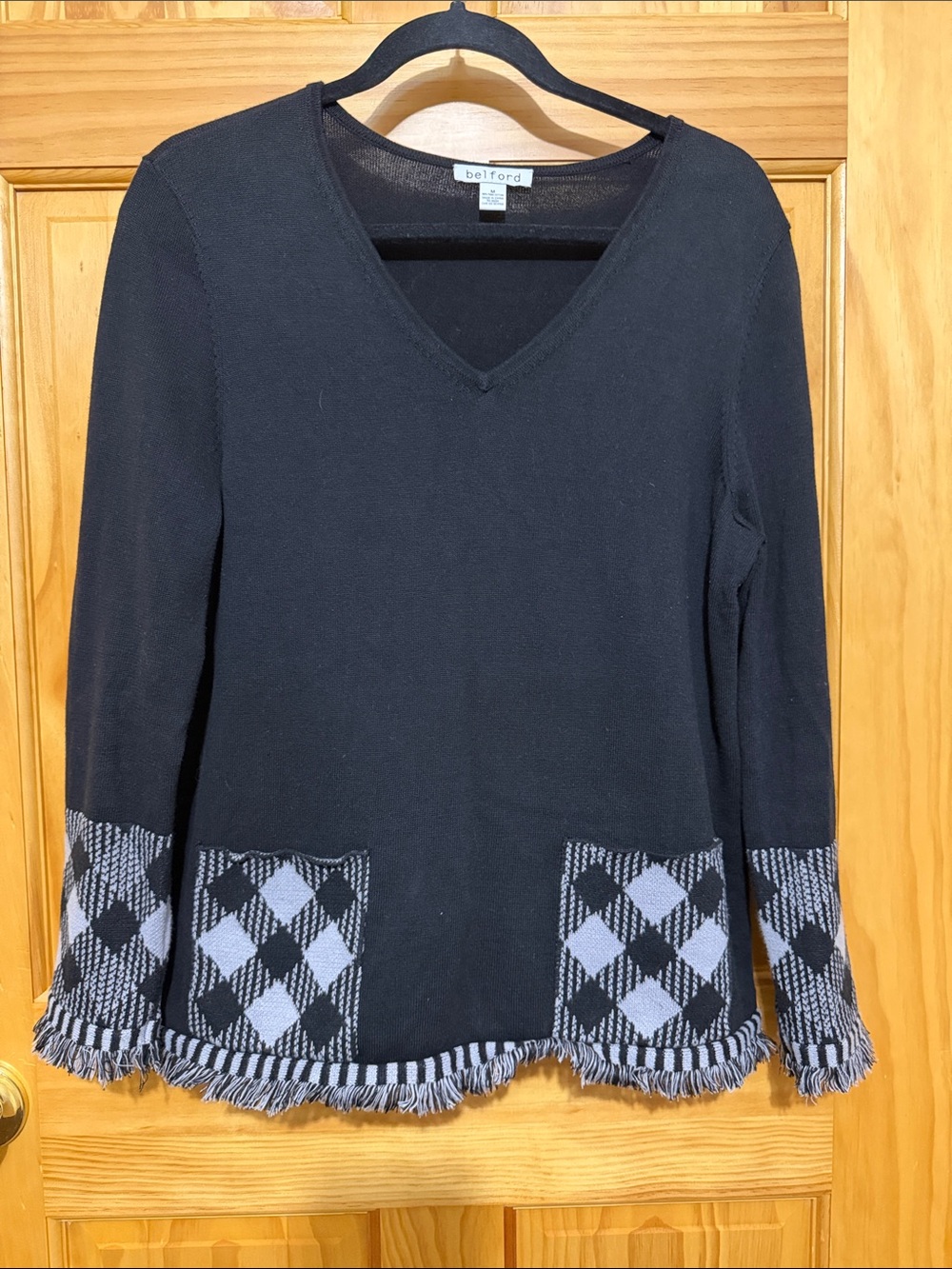 Belford Black V-Neck Sweater with Argyle Trim, Pima Cotton. Size Medium.